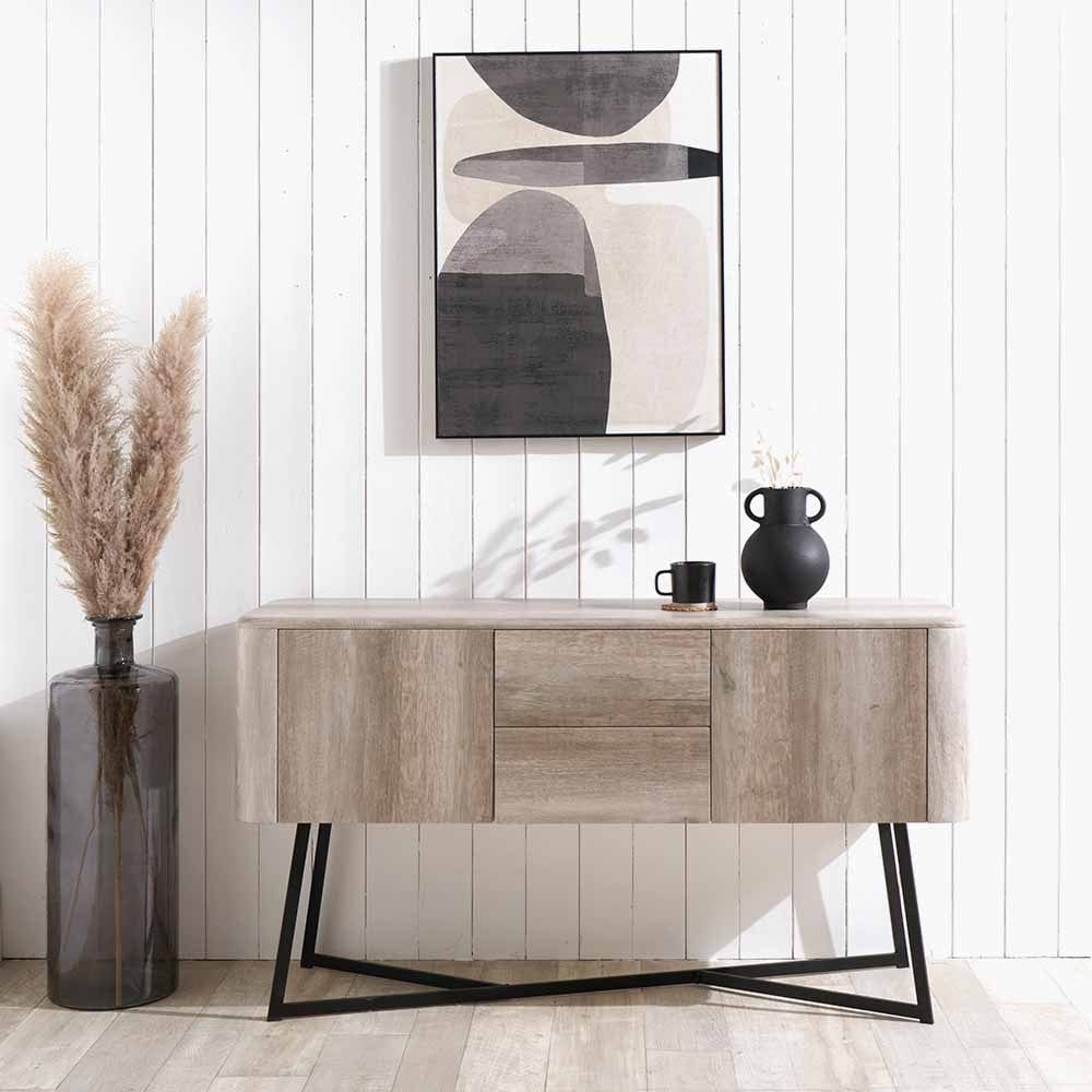Ukiah Grey Oak Veneer and Black Metal Sideboard.