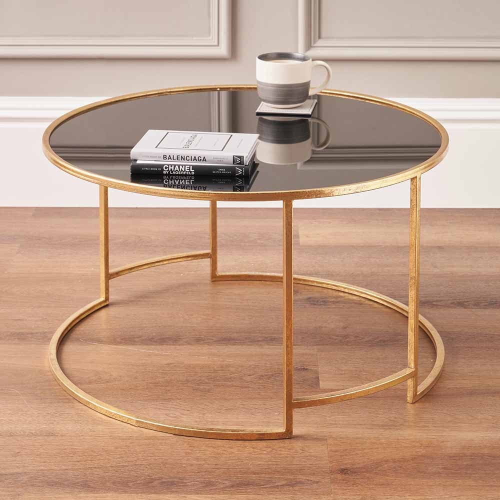Veneziano Antique Gold Metal and Black Glass Coffee Table.