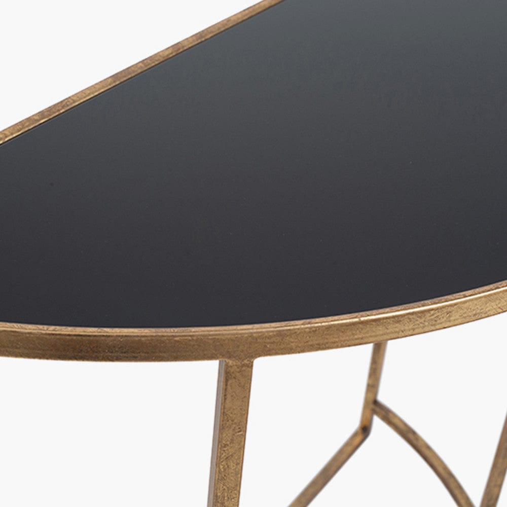 Veneziano Antique Gold Metal & Black Glass Half Moon Console.