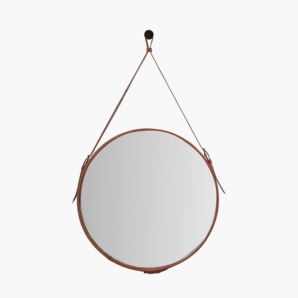 Vintage Brown Leather Frame Round Wall Mirror.