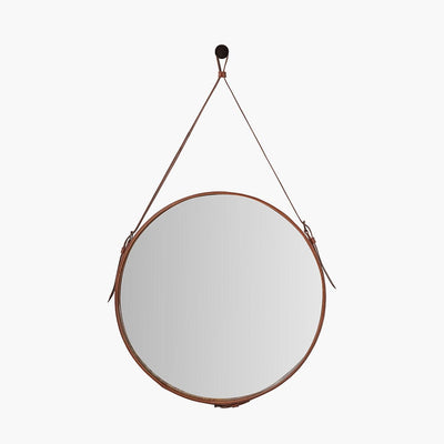 Pacific Lifestyle Living Vintage Brown Leather Frame Round Wall Mirror House of Isabella UK