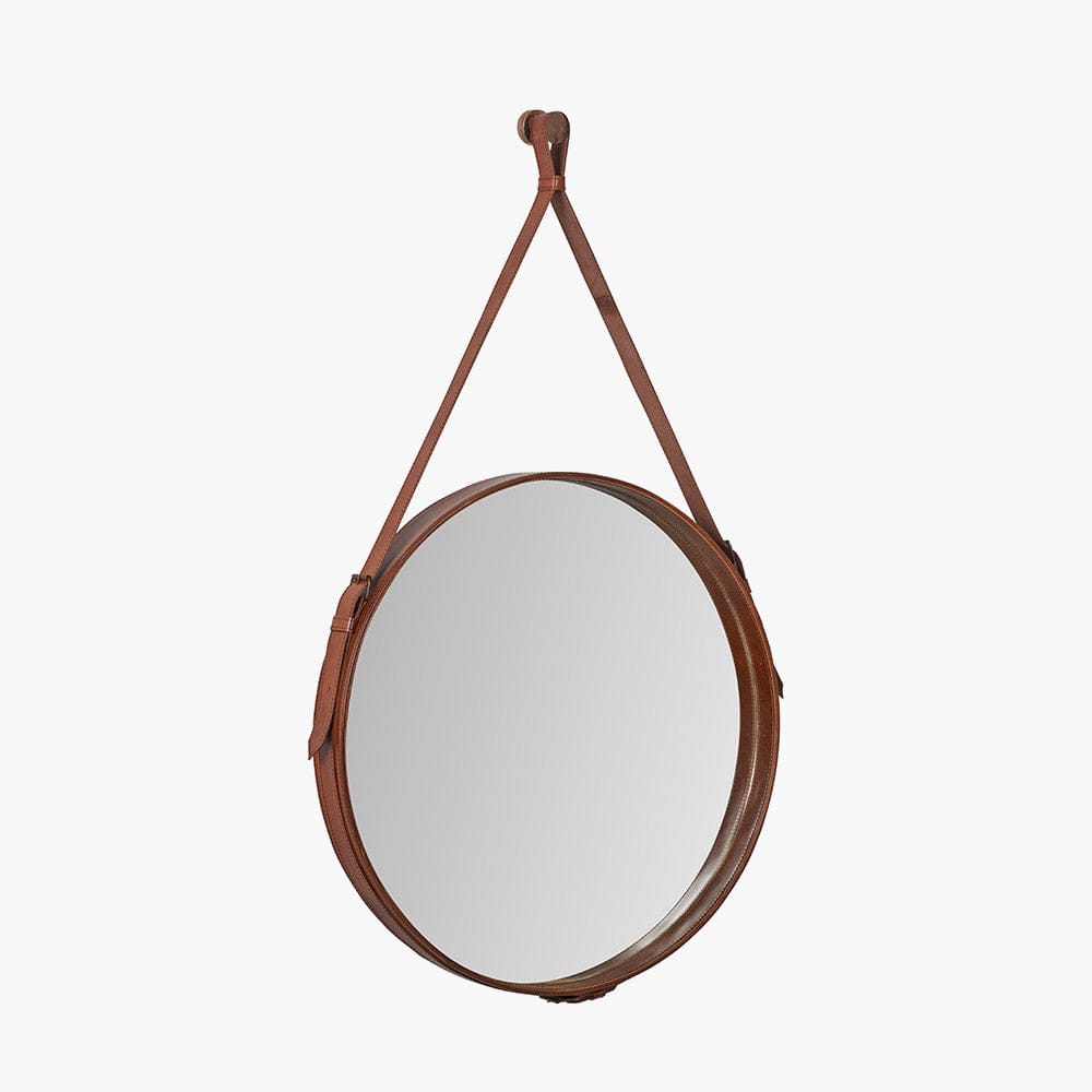 Vintage Brown Leather Frame Round Wall Mirror.