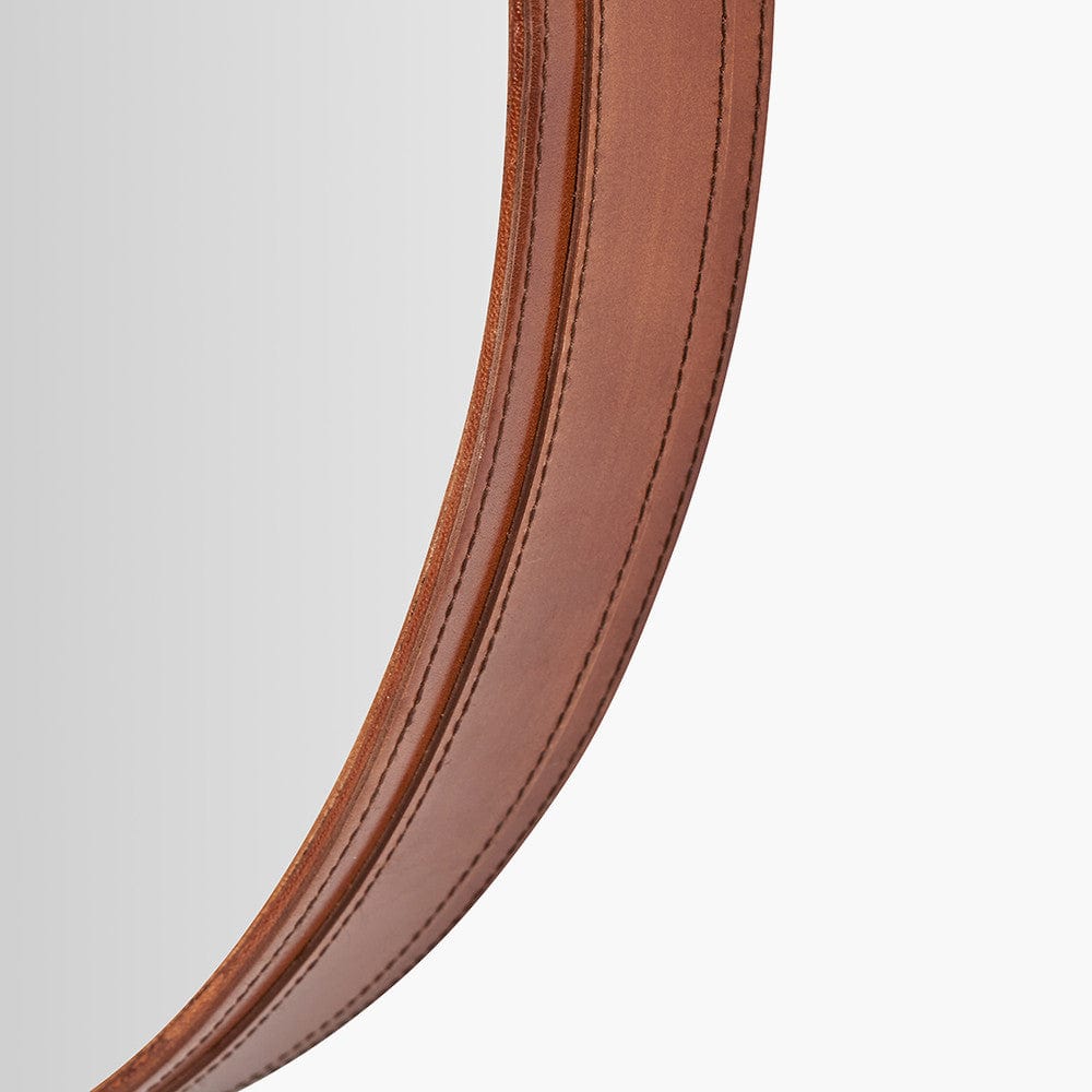 Vintage Brown Leather Frame Round Wall Mirror.
