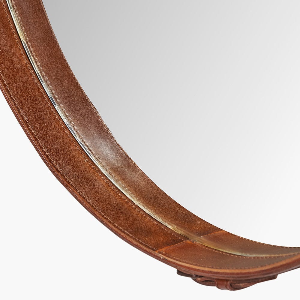 Vintage Brown Leather Frame Round Wall Mirror.