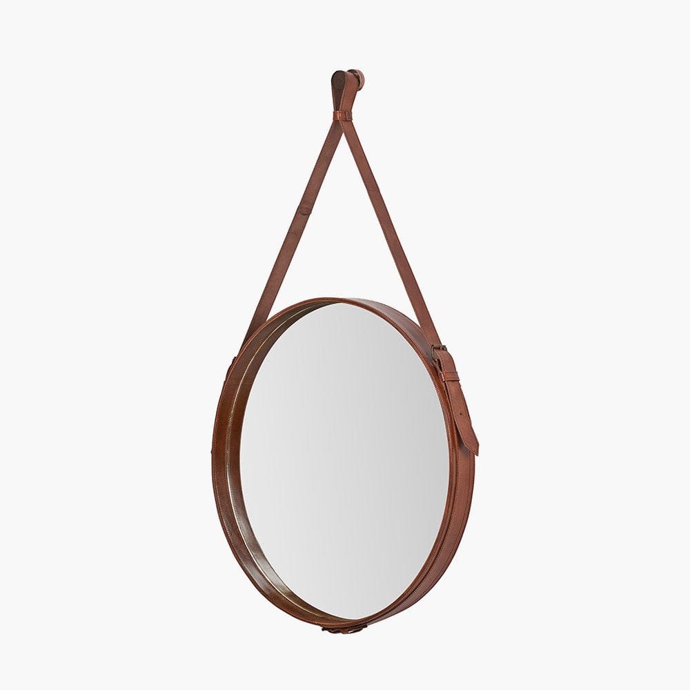 Vintage Brown Leather Frame Round Wall Mirror.