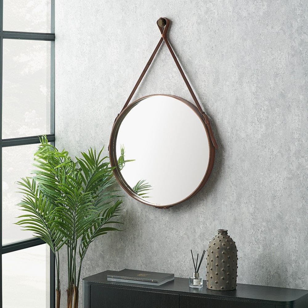 Vintage Brown Leather Frame Round Wall Mirror.
