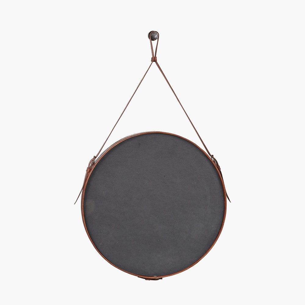 Vintage Brown Leather Frame Round Wall Mirror.