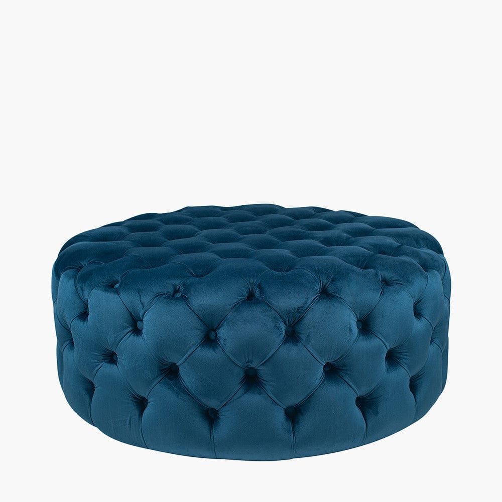 Vittoria Sapphire Blue Velvet Round Buttoned Pouffe.
