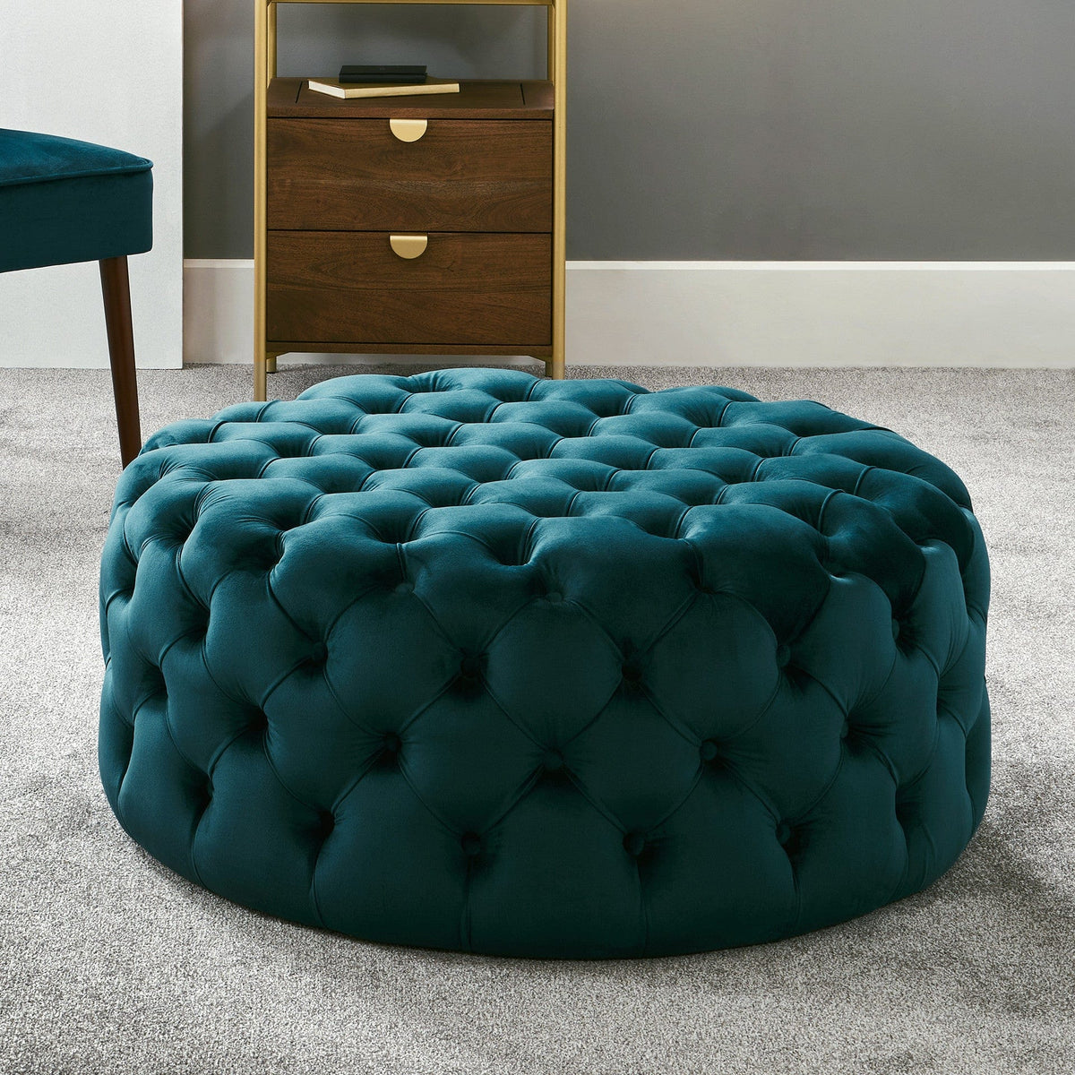 Vittoria Sapphire Blue Velvet Round Buttoned Pouffe.
