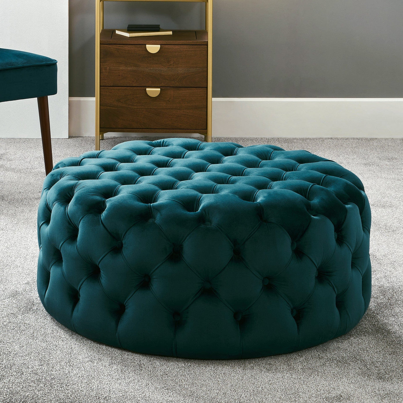 Pacific Lifestyle Living Vittoria Sapphire Blue Velvet Round Buttoned Pouffe House of Isabella UK