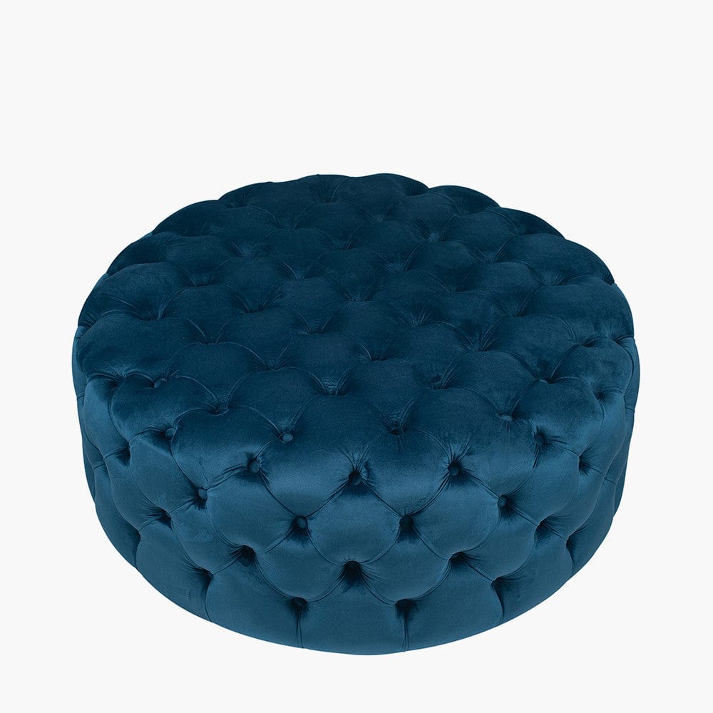 Vittoria Sapphire Blue Velvet Round Buttoned Pouffe.