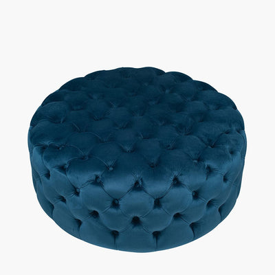 Pacific Lifestyle Living Vittoria Sapphire Blue Velvet Round Buttoned Pouffe House of Isabella UK