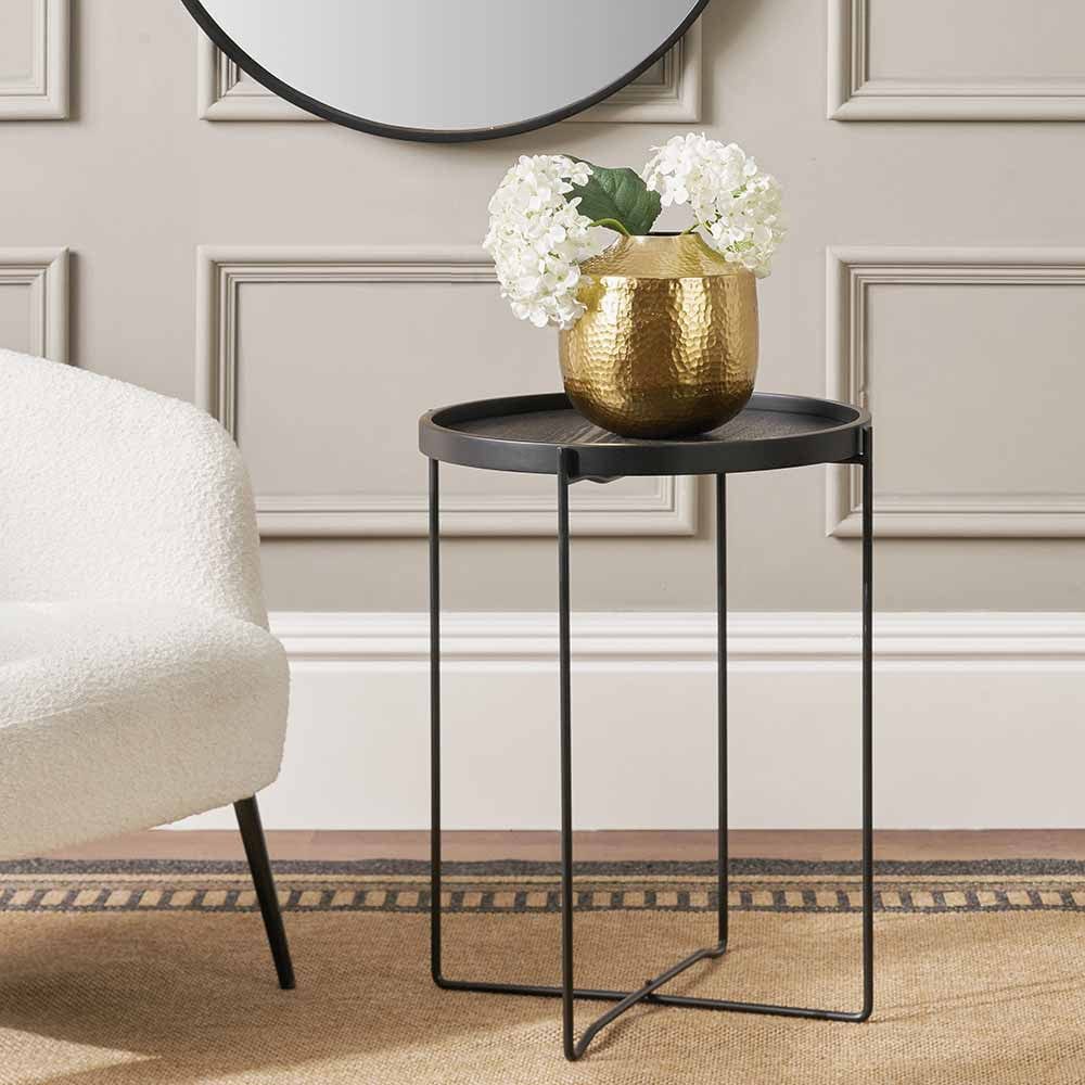 Voss Black Wood Veneer and Black Metal Side Table.