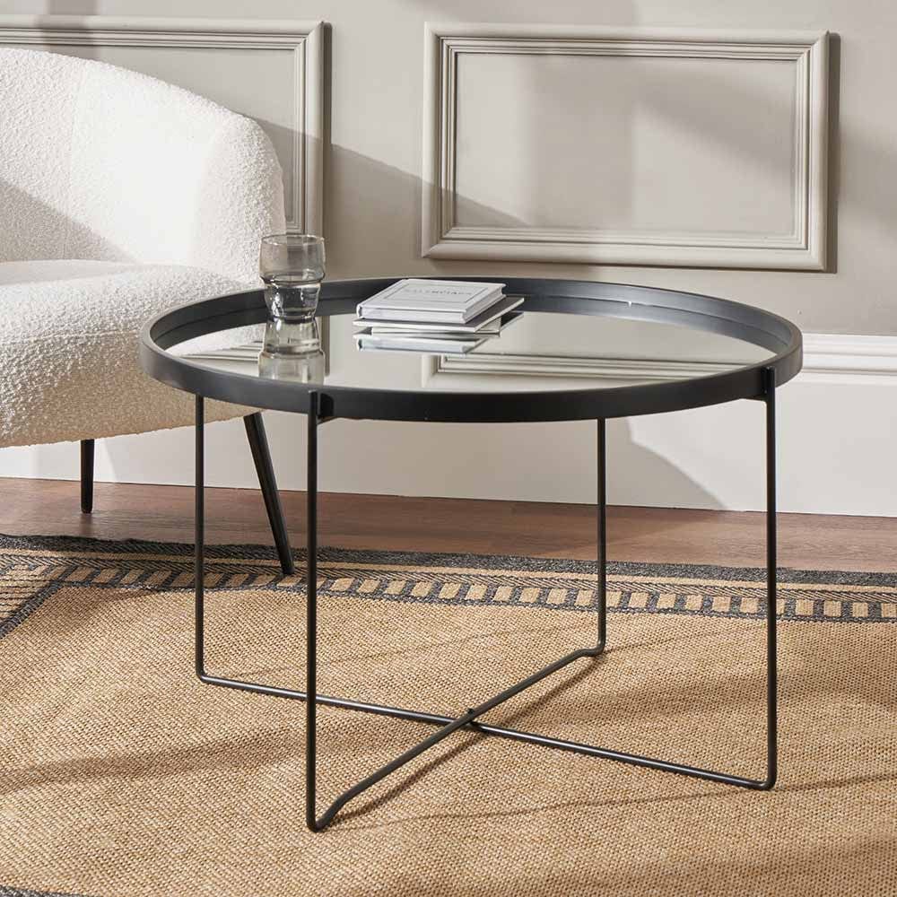 Voss Mirrored Glass and Black Wood Veneer Coffee Table.