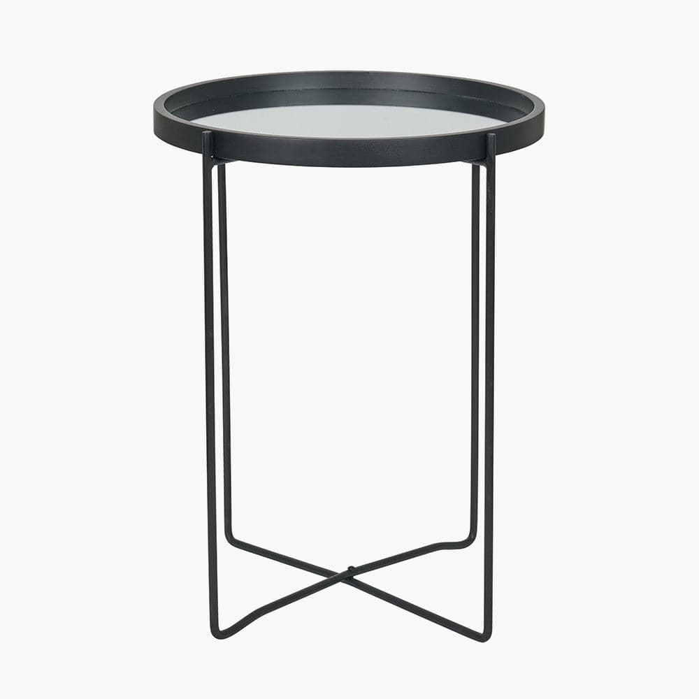 Voss Mirrored Glass and Black Wood Veneer Side Table.