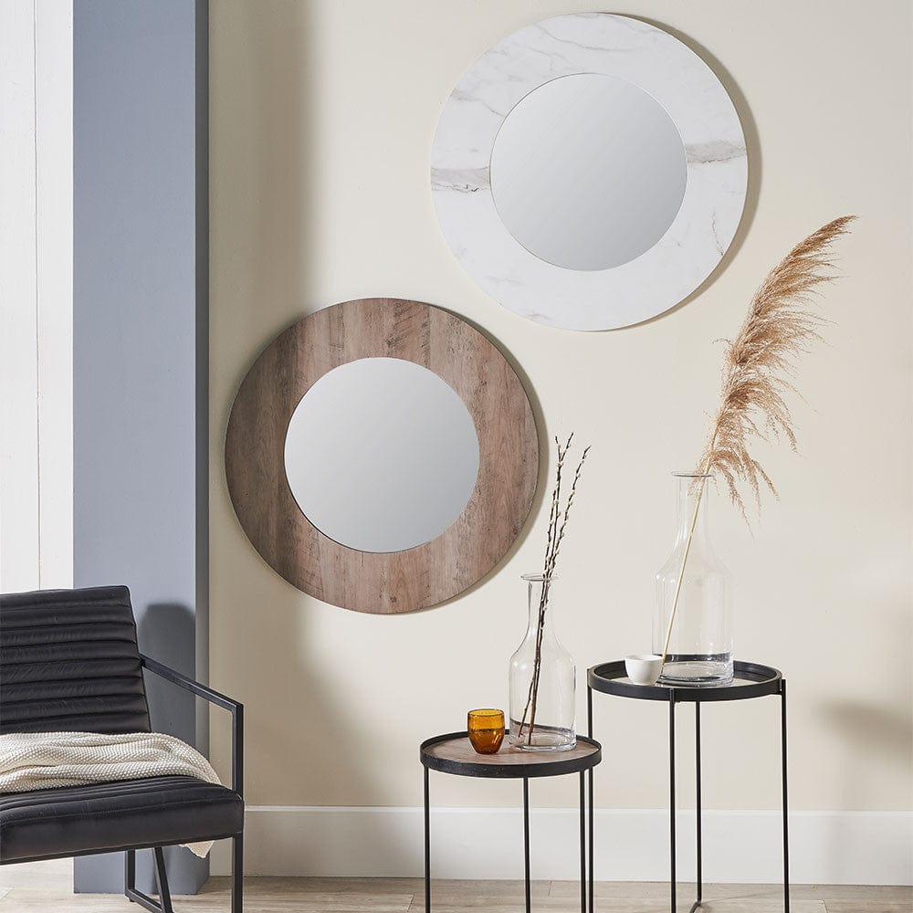 White Marble Effect Wood Veneer Round Wall Mirror.