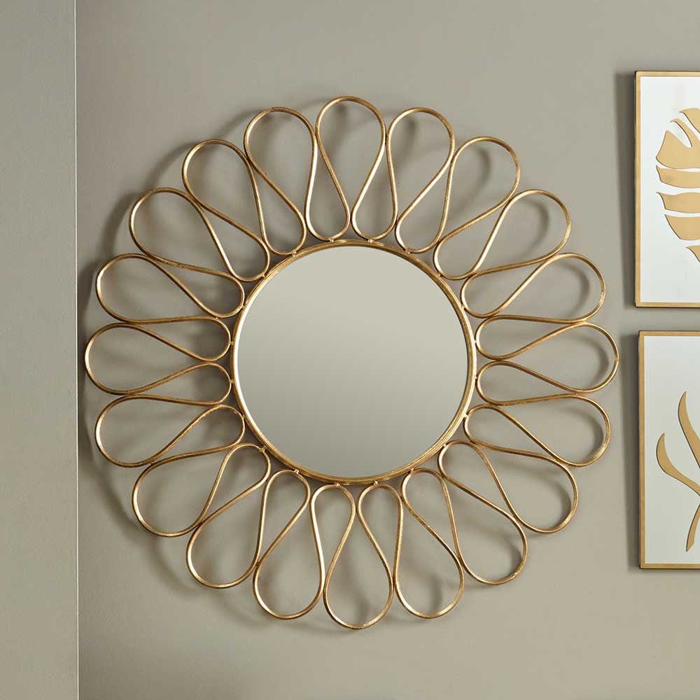 Antique Gold Metal Petal Design Round Wall Mirror.