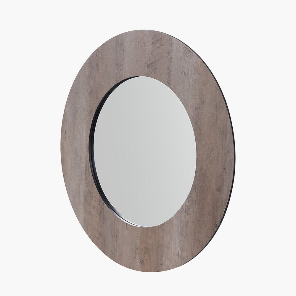 Brown Wood Veneer Round Wall Mirror.