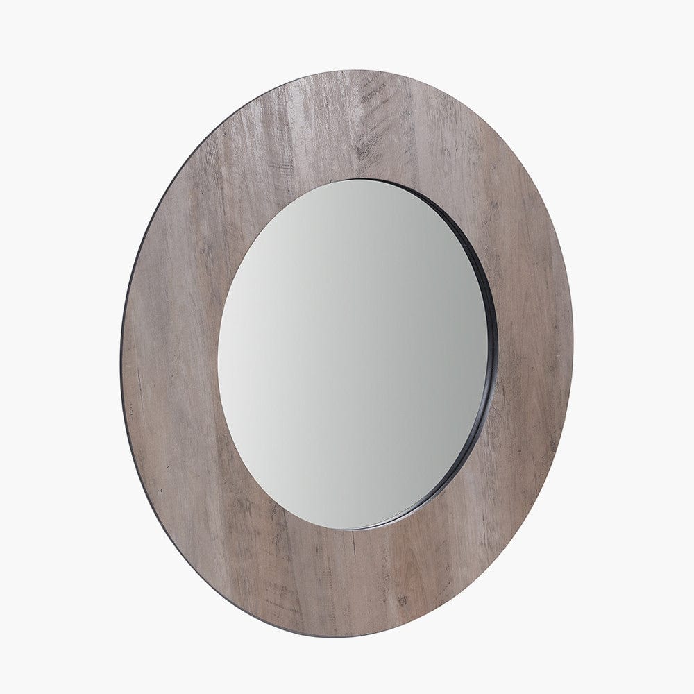 Brown Wood Veneer Round Wall Mirror.
