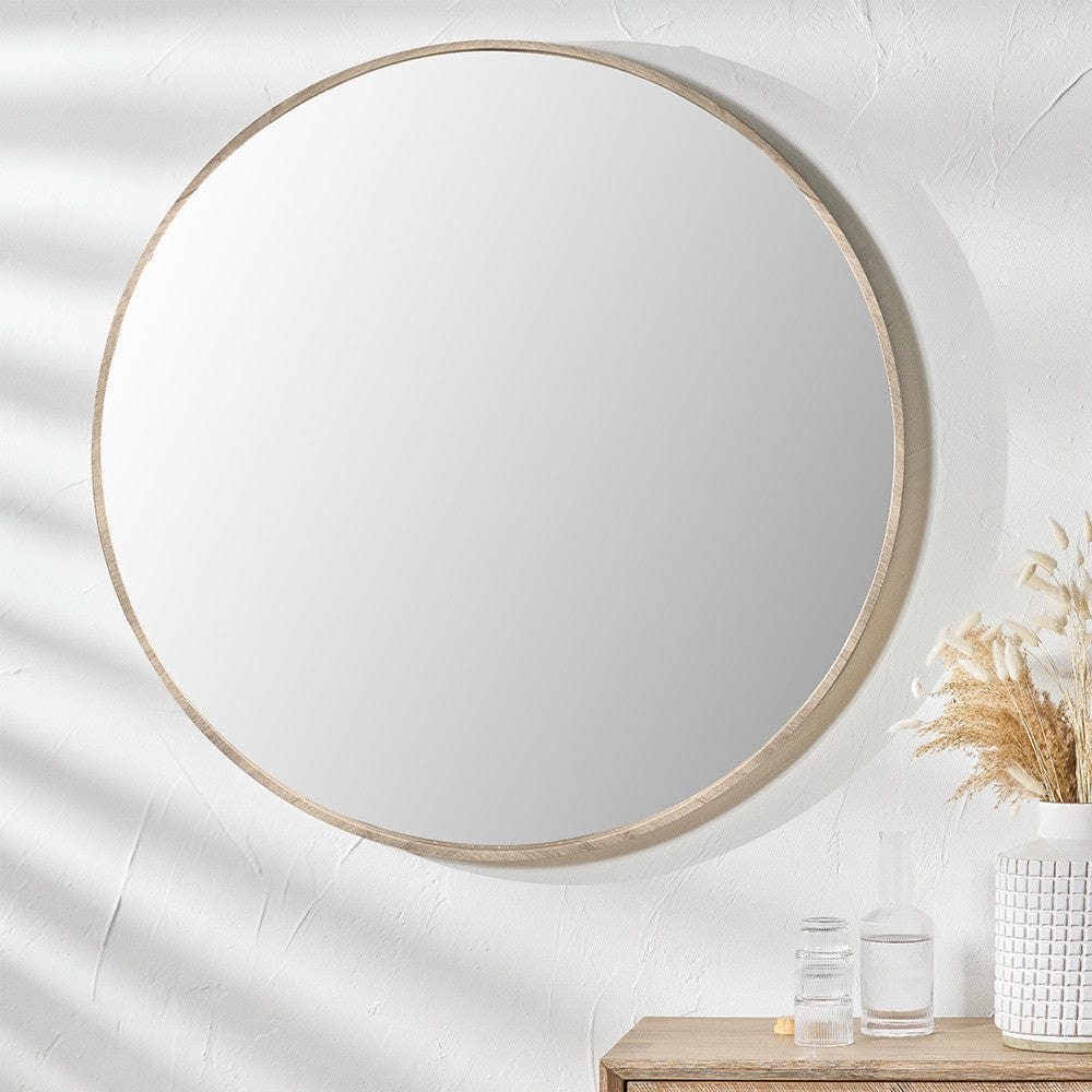 Natural Wood Veneer Slim Frame Round Mirror Large.