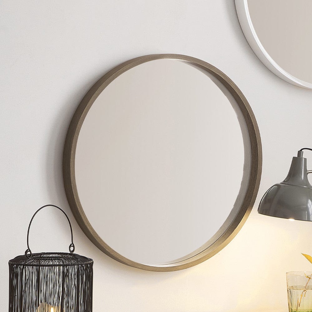 Natural Wood Veneer Slim Frame Round Wall Mirror.