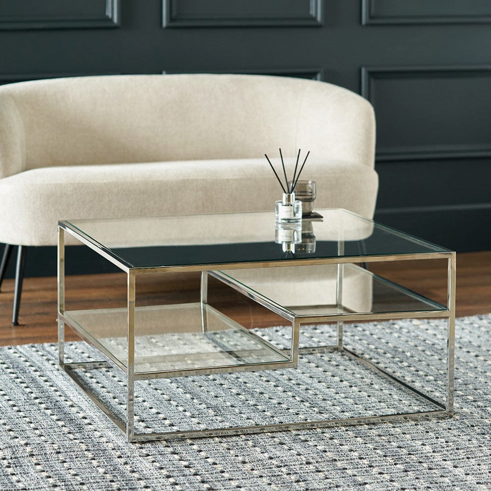 Aleandra Clear Glass and Silver Metal Coffee Table.