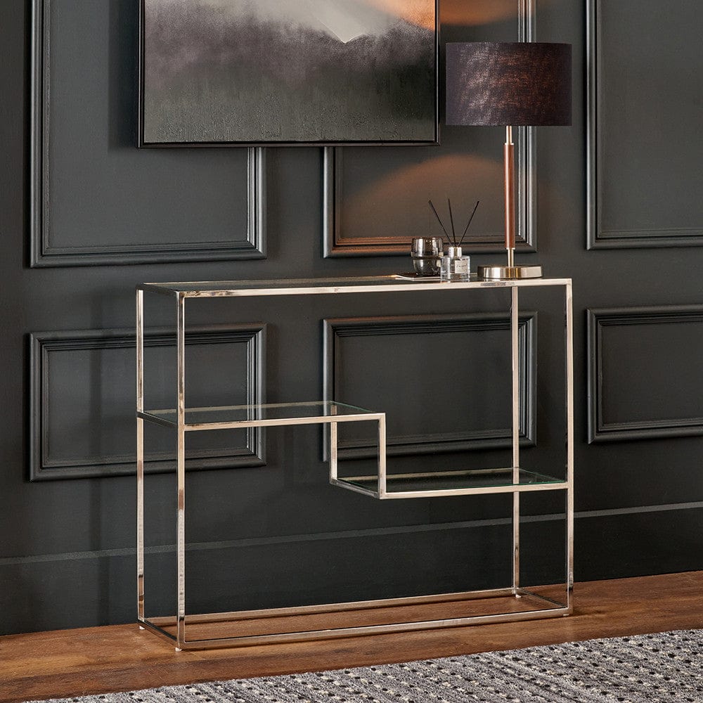 Aleandra Clear Glass and Silver Metal Console Table.