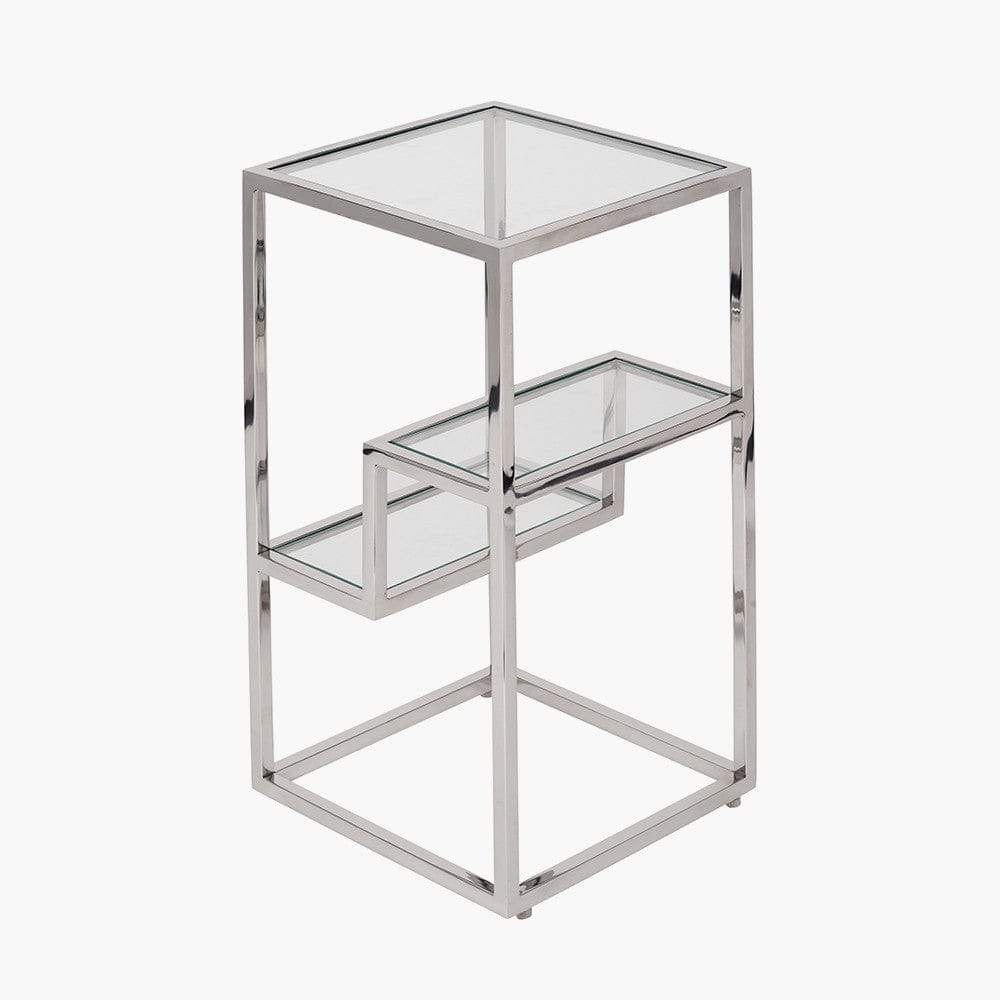 Aleandra Clear Glass and Silver Metal Side Table.