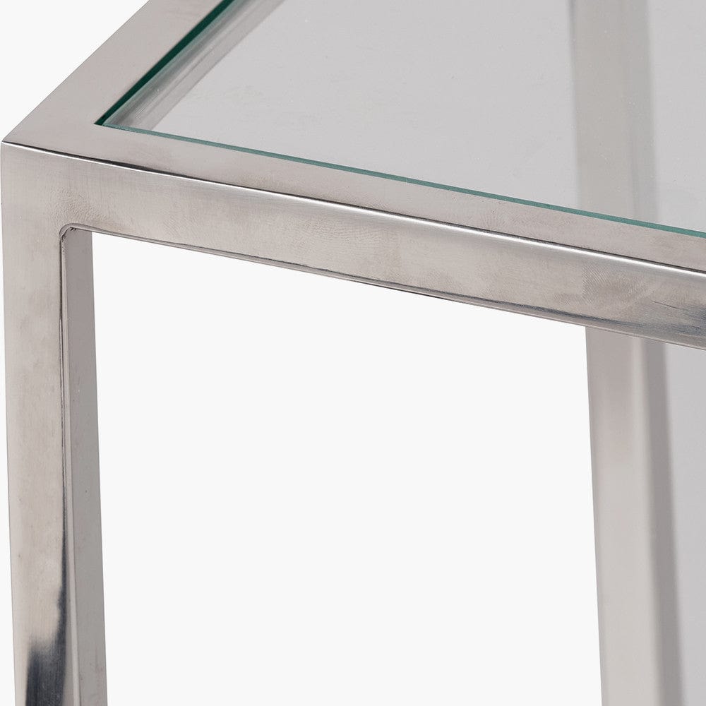 Aleandra Clear Glass and Silver Metal Side Table.