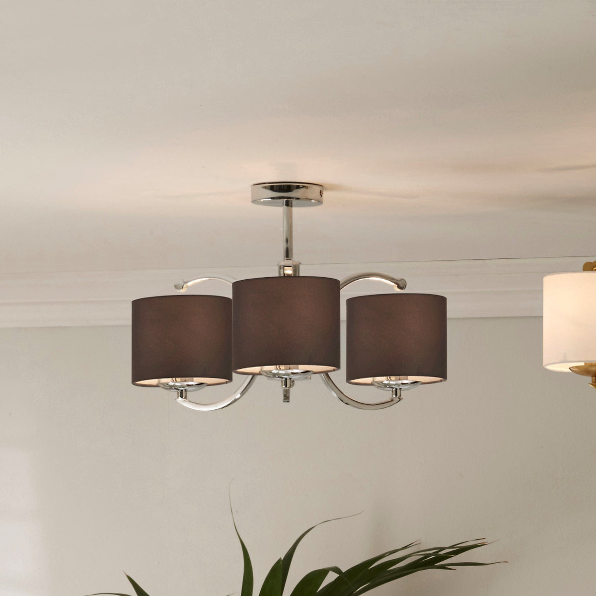 Arcadia Silver Metal Curved 3 Arm Semi Flush Pendant.