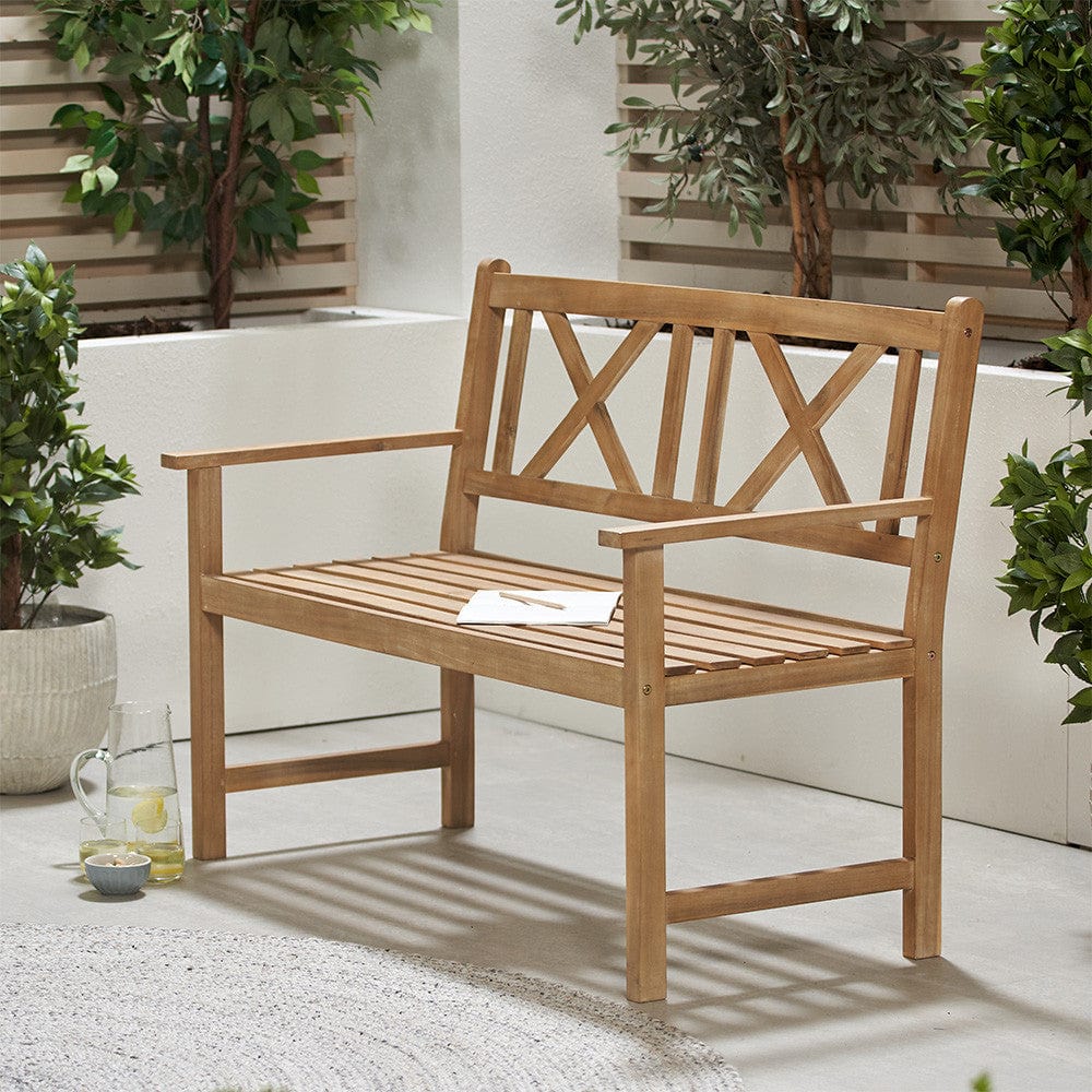 Pacific Lifestyle Outdoors Cambridge Light Teak 2 Seater Acacia Wood Bench K/D House of Isabella UK