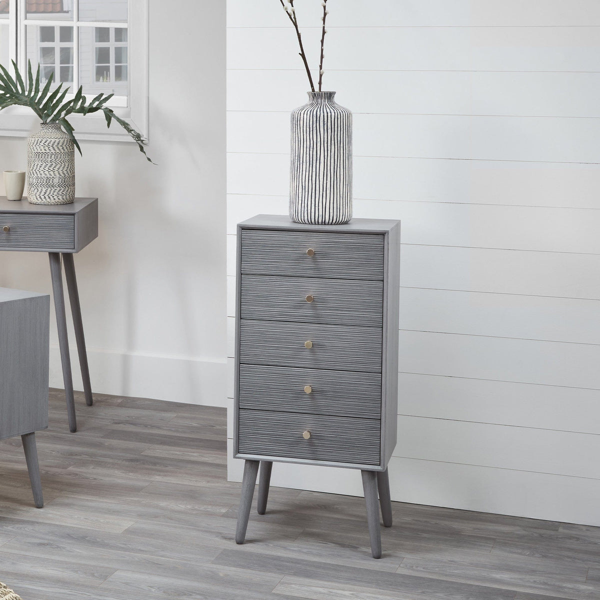 Chaya Dark Grey Pine Wood 5 Drawer Tall Boy.
