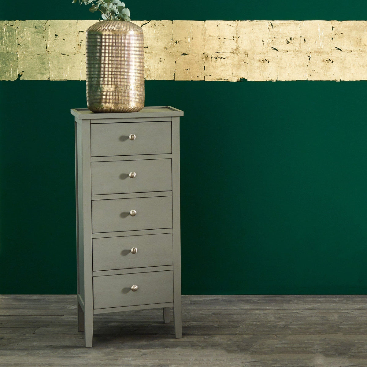 Chelmsford Vendee Grey Pine Wood 5 Drawer Tall Boy.