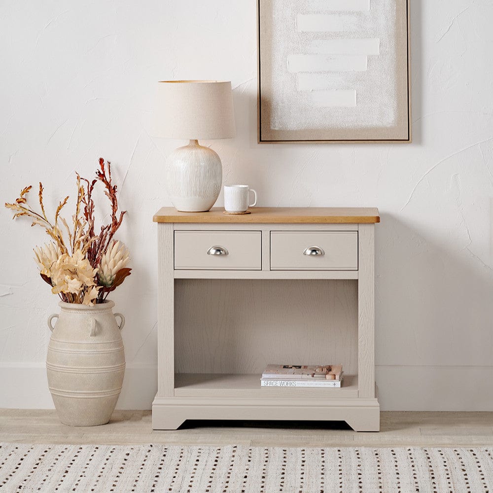 Fairford Parchment White Pine and Oak Wood 2 Drawer Console Table.