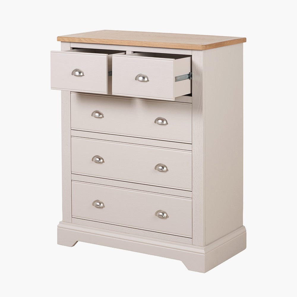 Fairford Parchment White Pine and Oak Wood 5 Drawer Unit.
