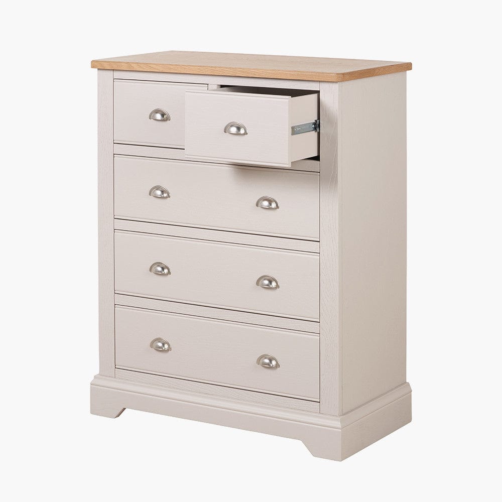 Fairford Parchment White Pine and Oak Wood 5 Drawer Unit.
