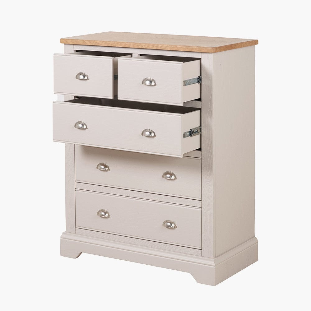 Fairford Parchment White Pine and Oak Wood 5 Drawer Unit.