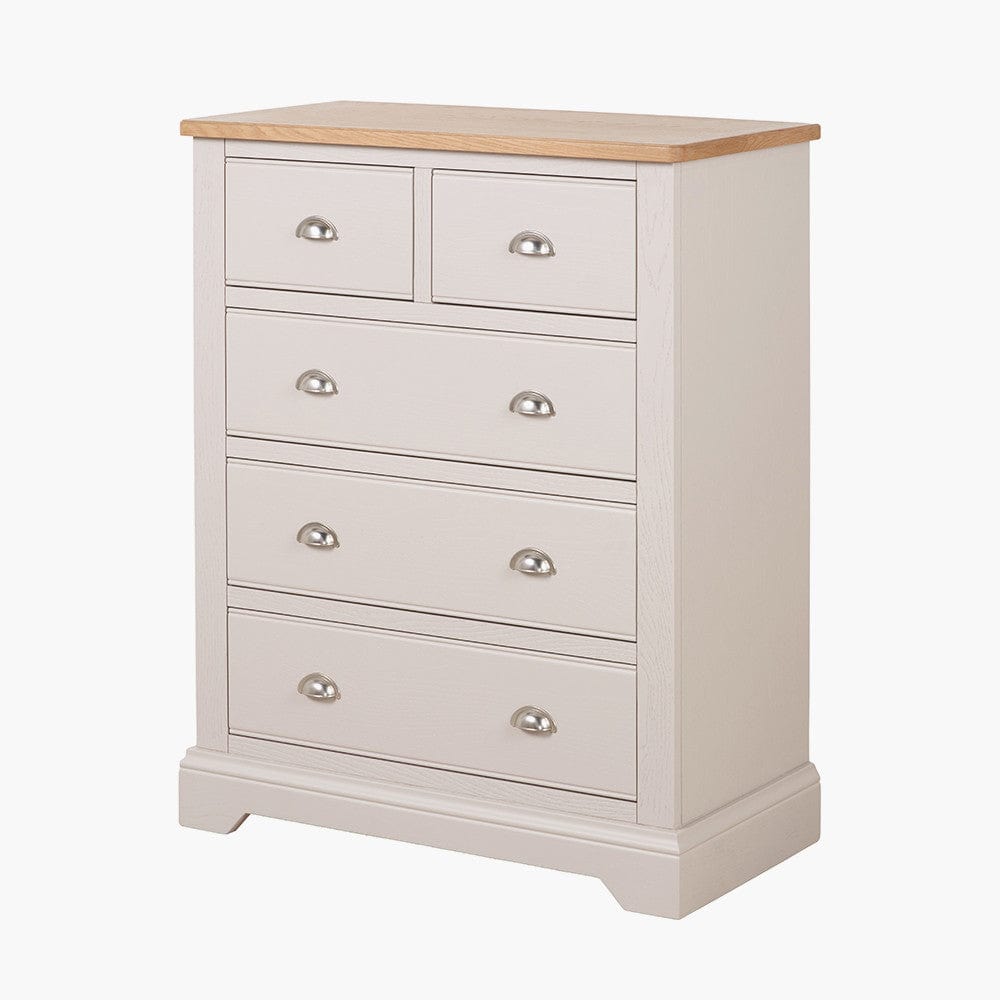 Fairford Parchment White Pine and Oak Wood 5 Drawer Unit.