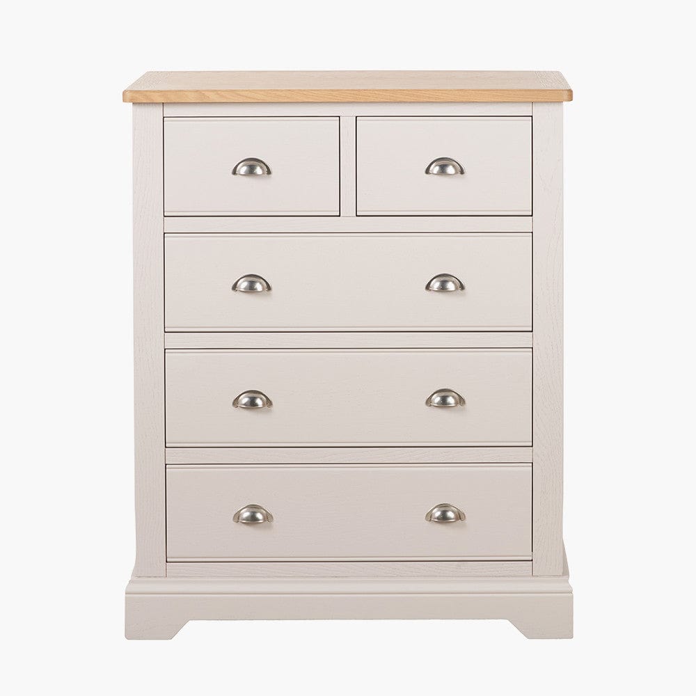 Fairford Parchment White Pine and Oak Wood 5 Drawer Unit.