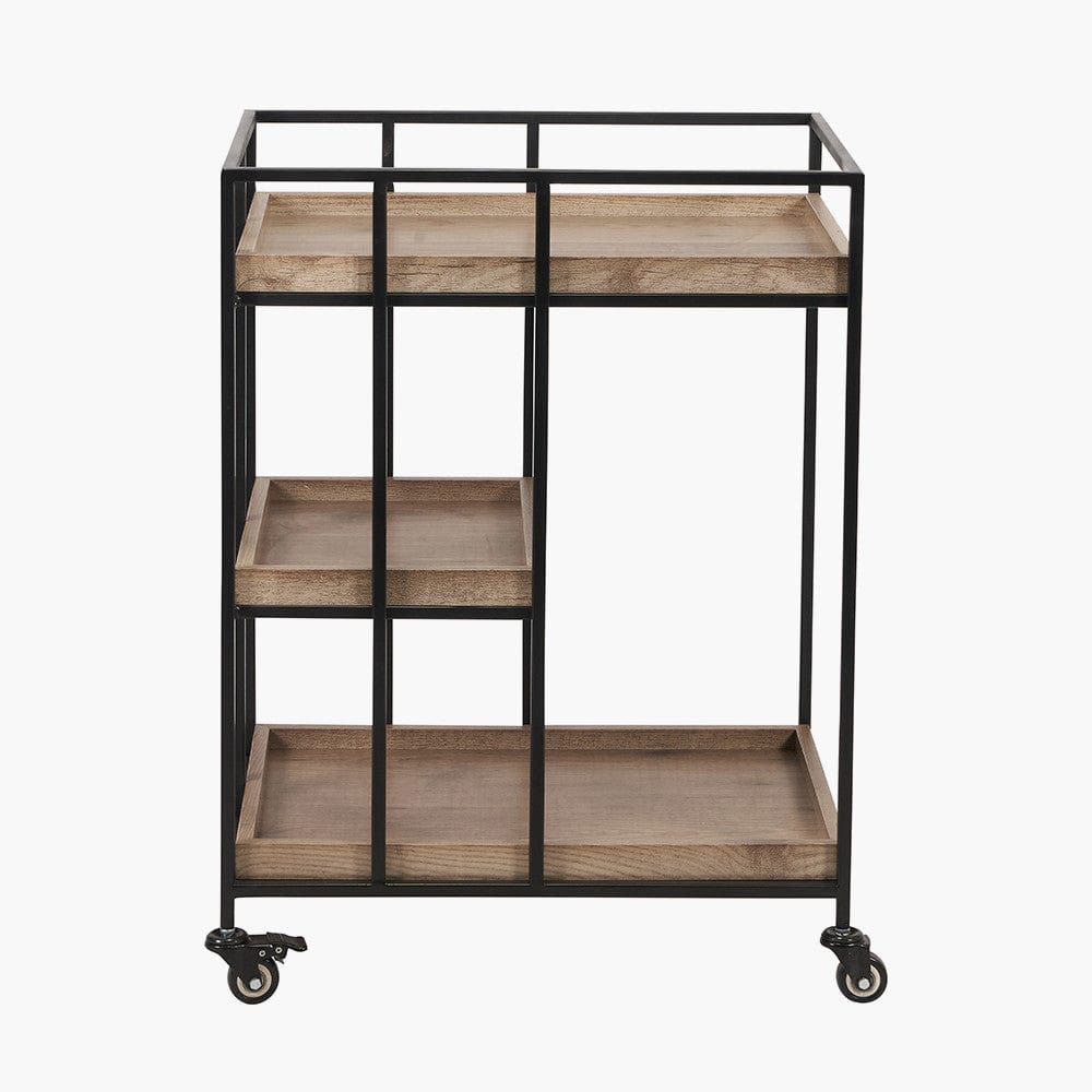 Gallery Natural Wood Veneer and Black Metal Bar Trolley.