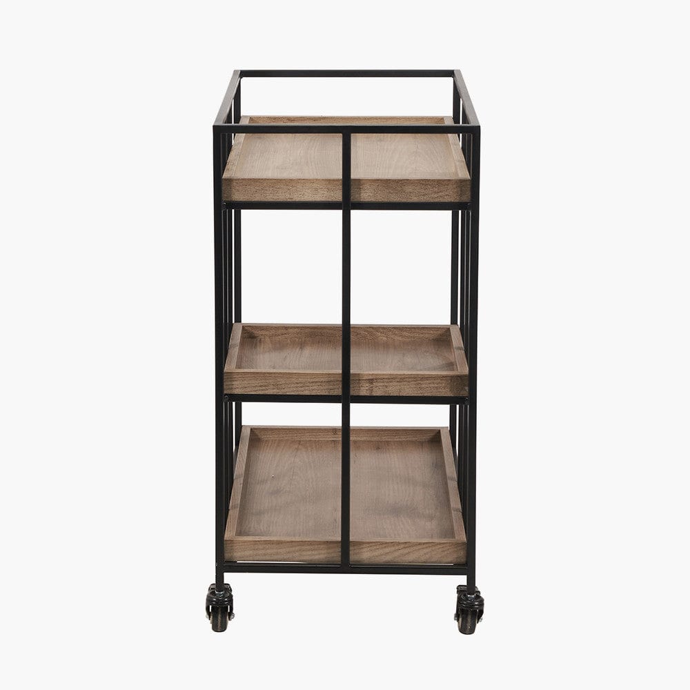 Gallery Natural Wood Veneer and Black Metal Bar Trolley.