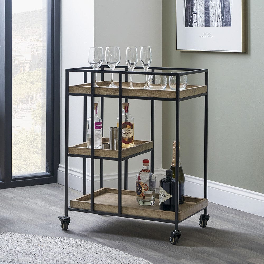 Gallery Natural Wood Veneer and Black Metal Bar Trolley.