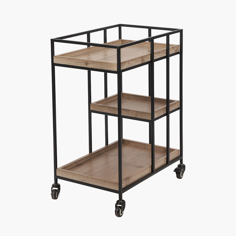 Gallery Natural Wood Veneer and Black Metal Bar Trolley.