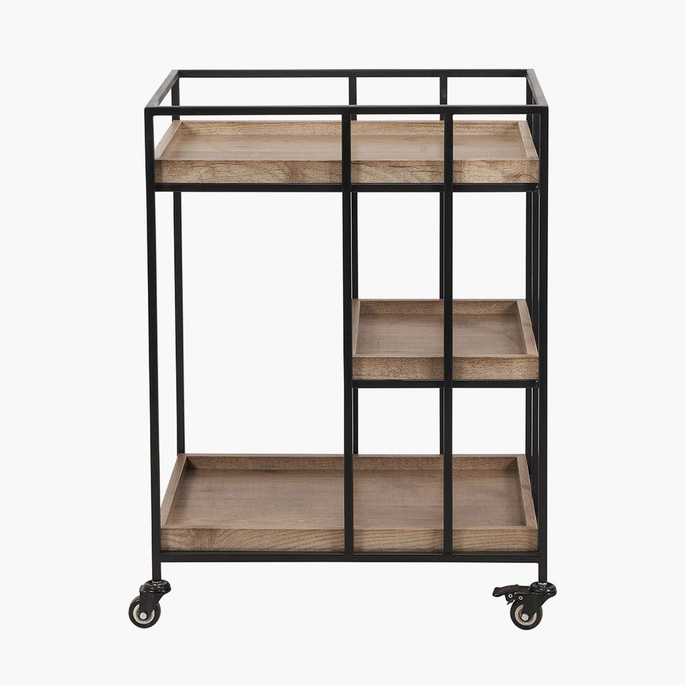 Gallery Natural Wood Veneer and Black Metal Bar Trolley.