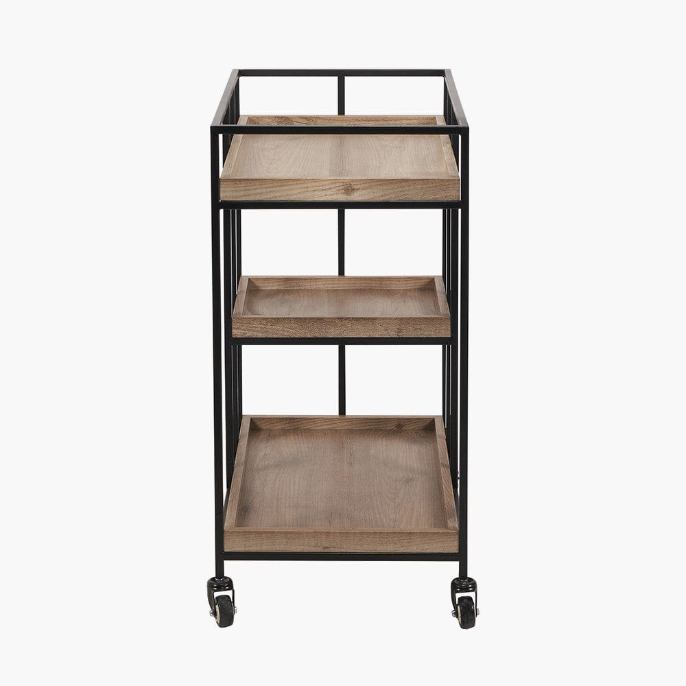 Gallery Natural Wood Veneer and Black Metal Bar Trolley.