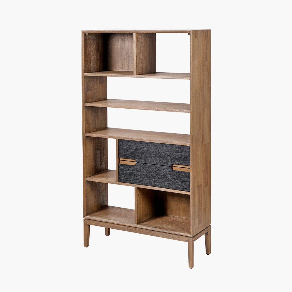 Gio Black and Natural Acacia Wood 2 Drawer, 7 Niche Shelf Unit.