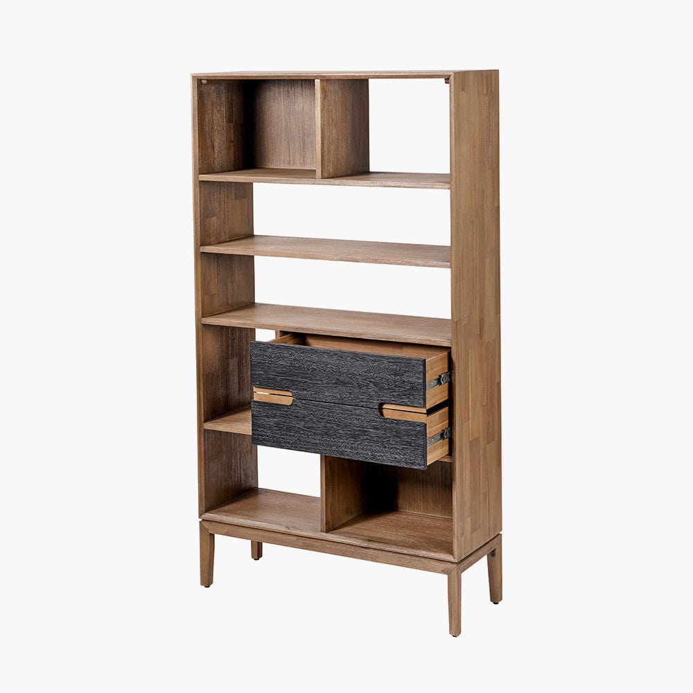 Gio Black and Natural Acacia Wood 2 Drawer, 7 Niche Shelf Unit.