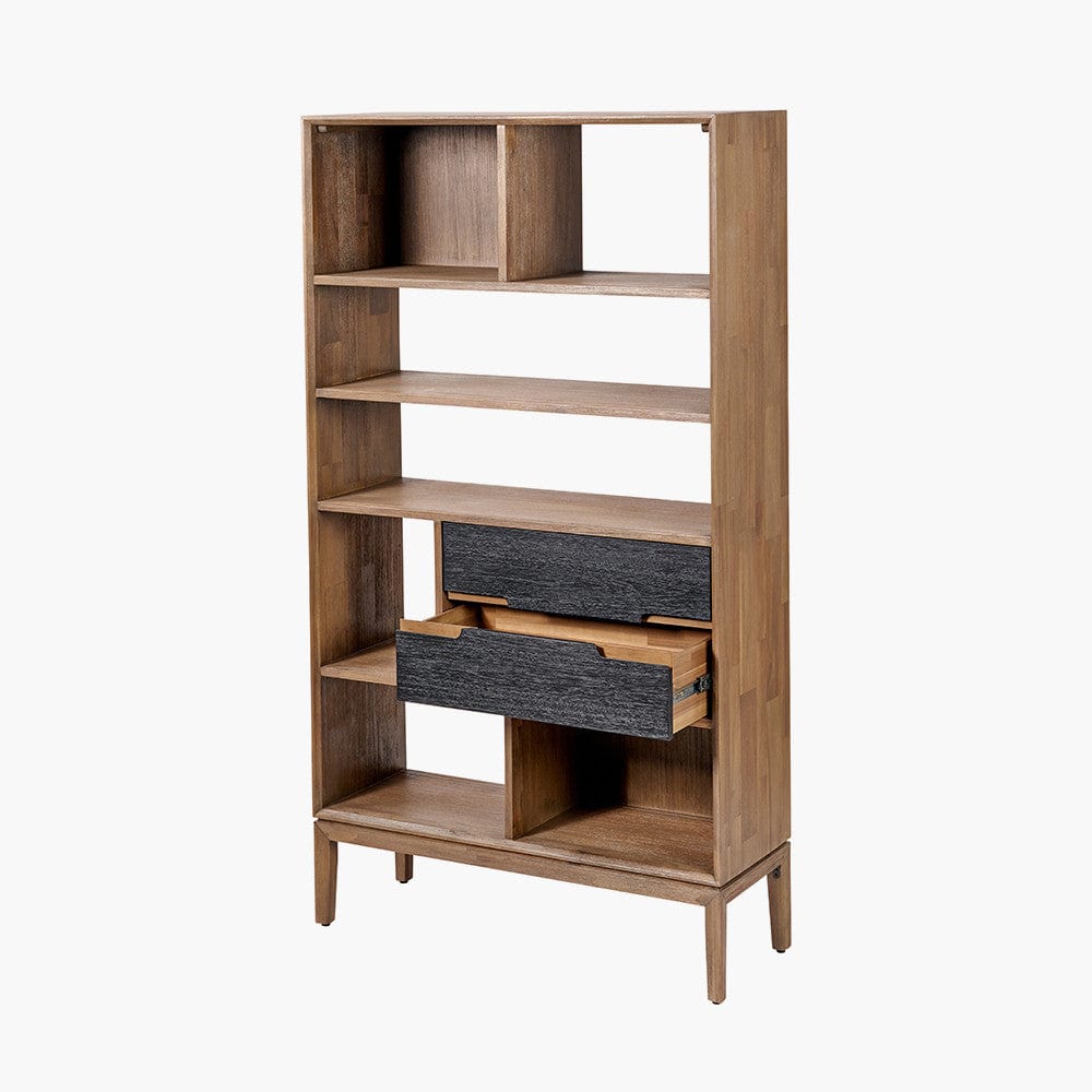 Gio Black and Natural Acacia Wood 2 Drawer, 7 Niche Shelf Unit.