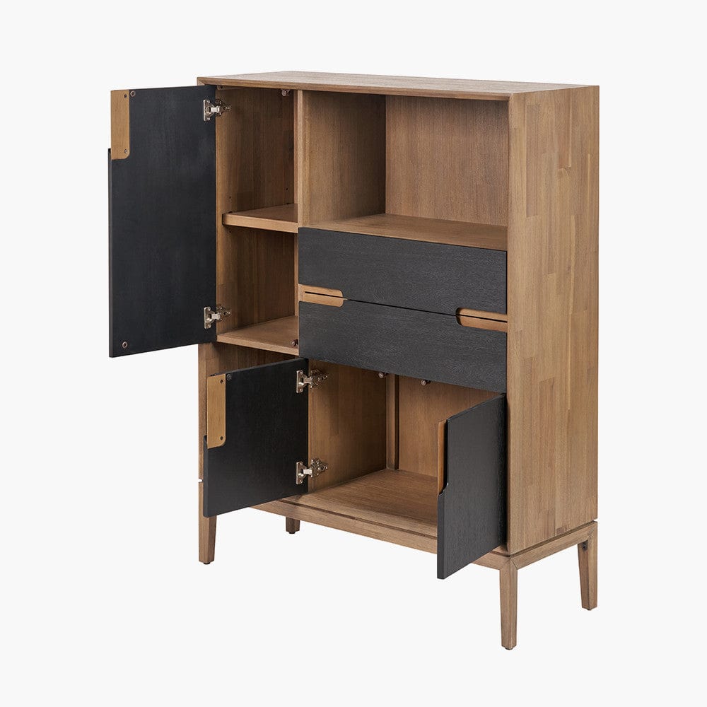 Gio Black and Natural Acacia Wood 3 Door, 2 Drawer, 2 Niche Shelf Unit.
