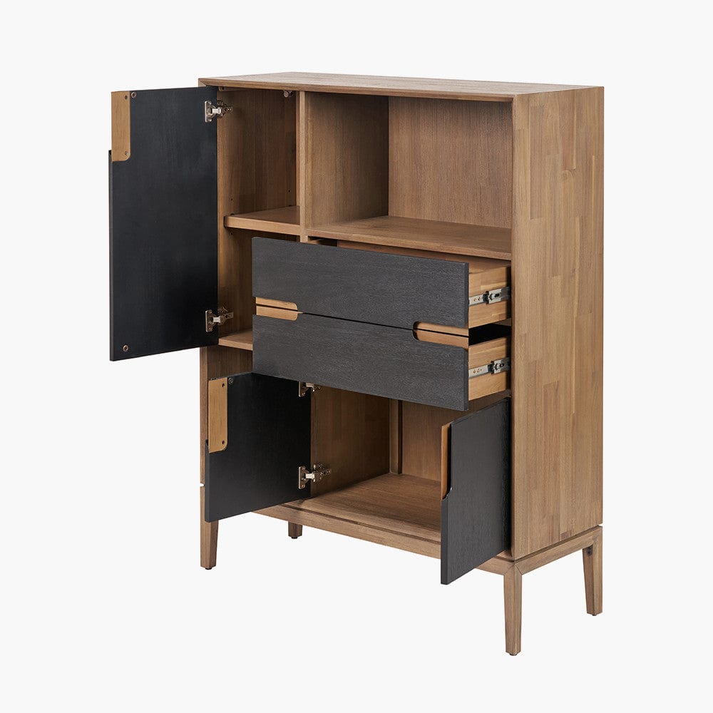 Gio Black and Natural Acacia Wood 3 Door, 2 Drawer, 2 Niche Shelf Unit.